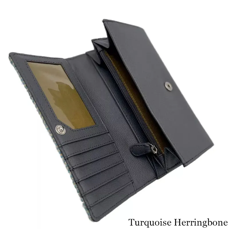 B40292 TURQUOISE HERRINGBONE Colour Women Handmade Harris Tweed Long Wallet Inside View Pockets  Gaelsong