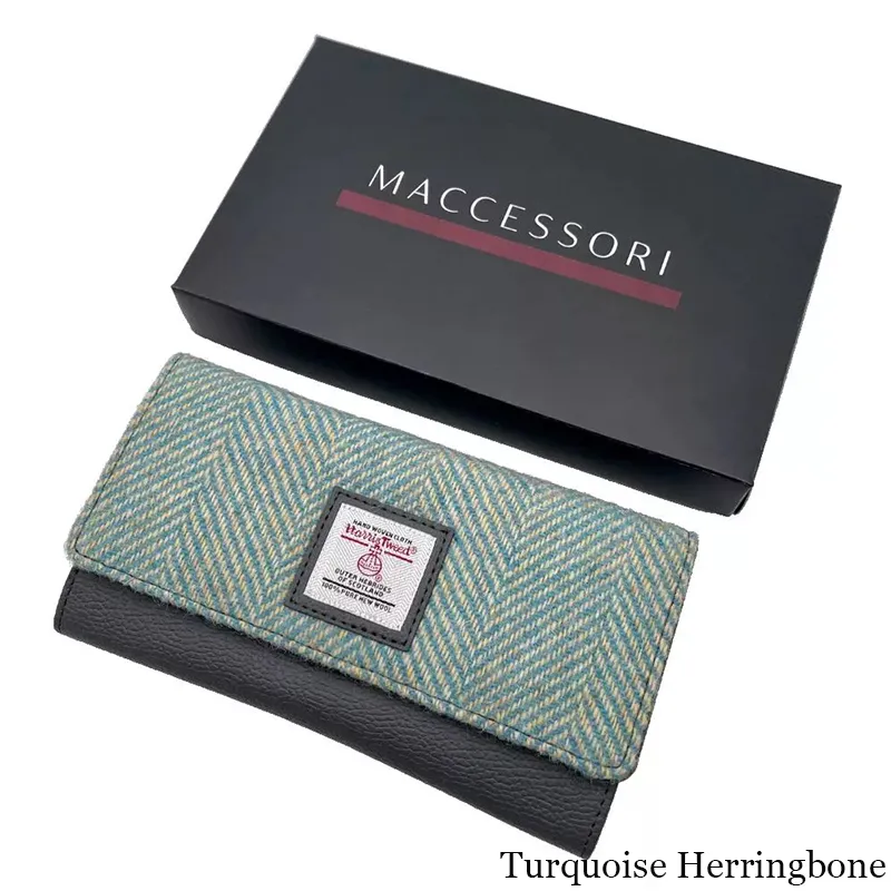 B40292 TURQUOISE HERRINGBONE Colour Women Handmade Harris Tweed Long Wallet with Box  Gaelsong