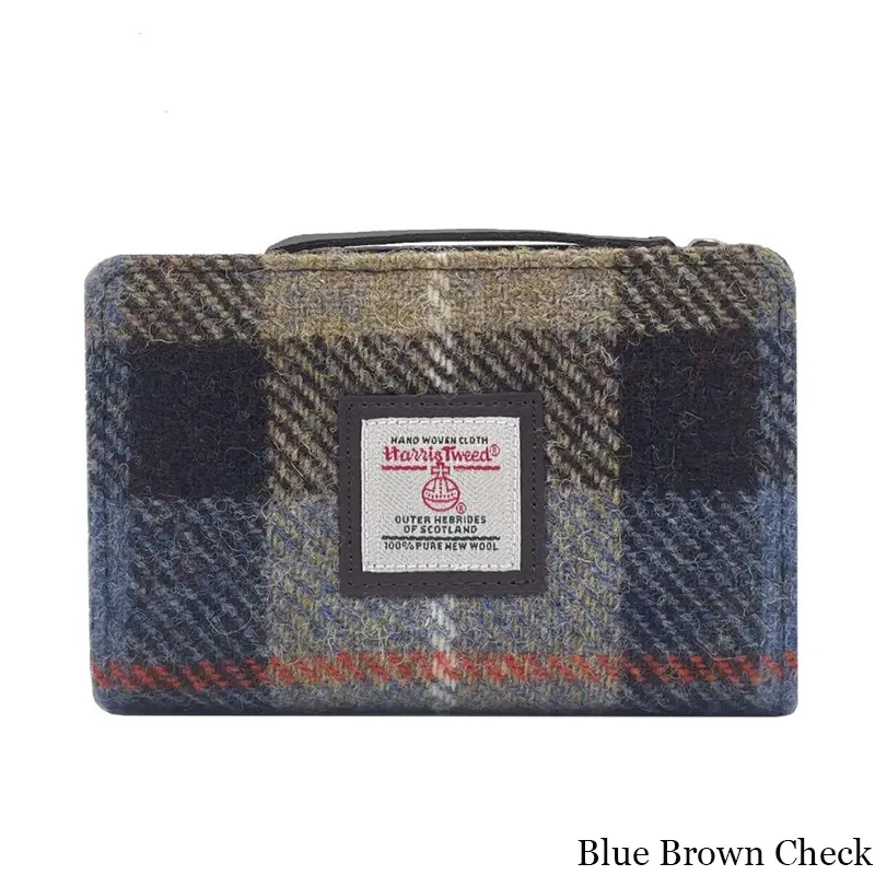 B40296 BLUE BROWN CHECK Colour Harris Tweed Medium Zip Wallet for Women Gaelsong
