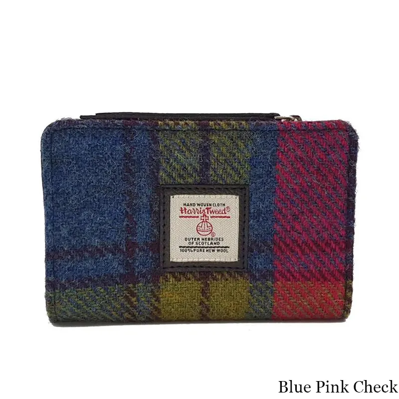 B40296 BLUE PINK CHECK Colour Harris Tweed Medium Zip Wallet for Women Gaelsong