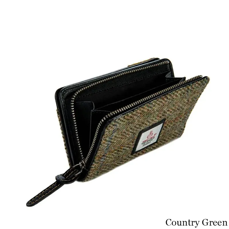 B40296 COUNTRY GREEN Colour Harris Tweed Medium Zip Wallet for Women Side View Gaelsong