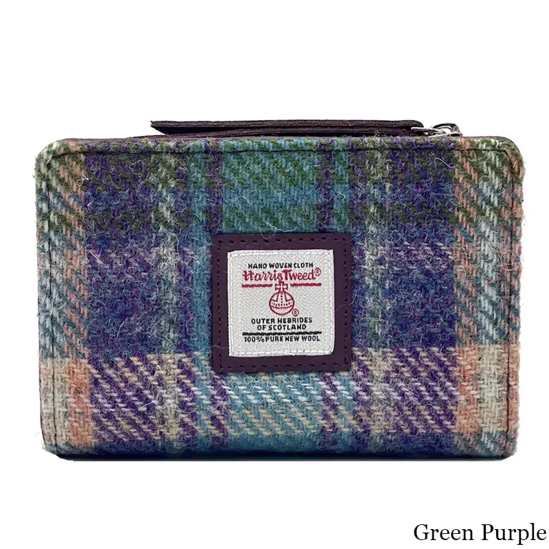 B40296 GREEN PURPLE PLAID Colour Harris Tweed Medium Zip Wallet for Women Gaelsong
