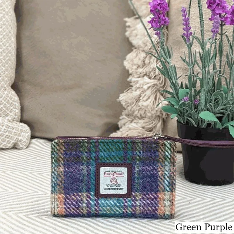 B40296 GREEN PURPLE PLAID Colour Harris Tweed Medium Zip Wallet for Women Lifestyle  Gaelsong