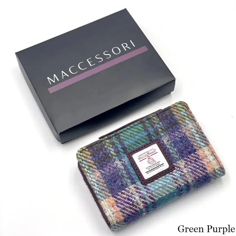 B40296 GREEN PURPLE PLAID Colour Harris Tweed Medium Zip Wallet for Women with Box  Gaelsong