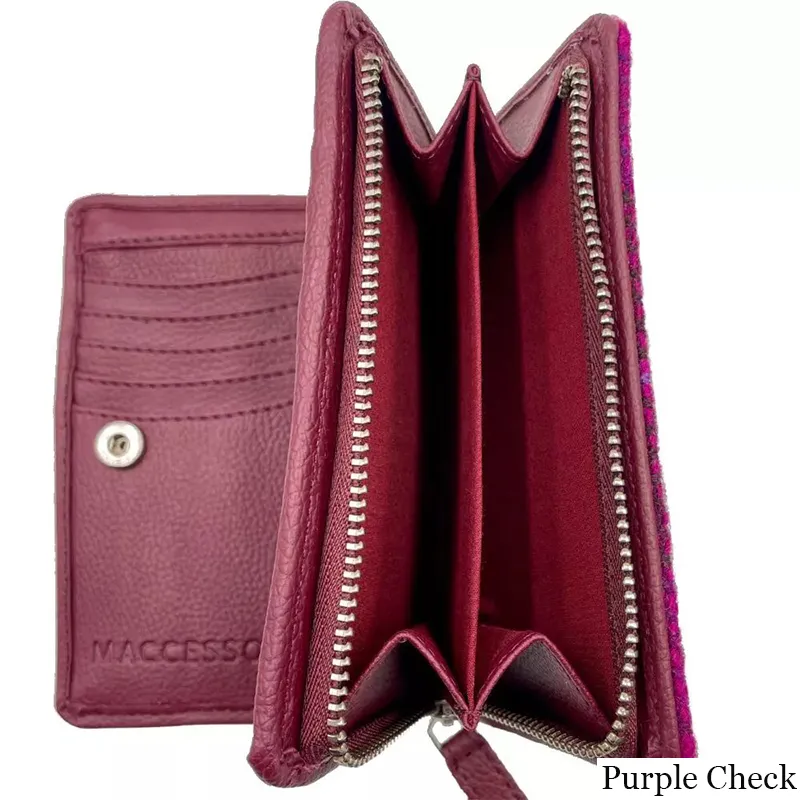 B40296 PURPLE CHECK Colour Harris Tweed Medium Zip Wallet for Women Side Pocket View Gaelsong