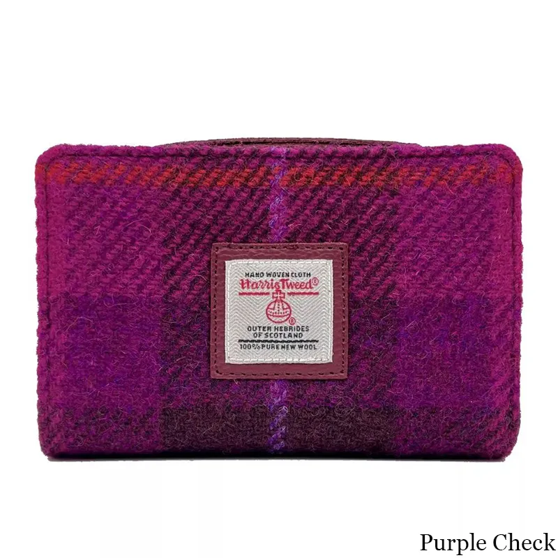 B40296 PURPLE CHECK Colour Harris Tweed Medium Zip Wallet for Women Gaelsong