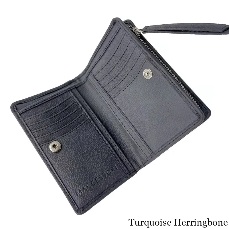 B40296 TURQUOISE HERRINGBONE Colour Harris Tweed Medium Zip Wallet for Women Open Main Compartment View Gaelsong