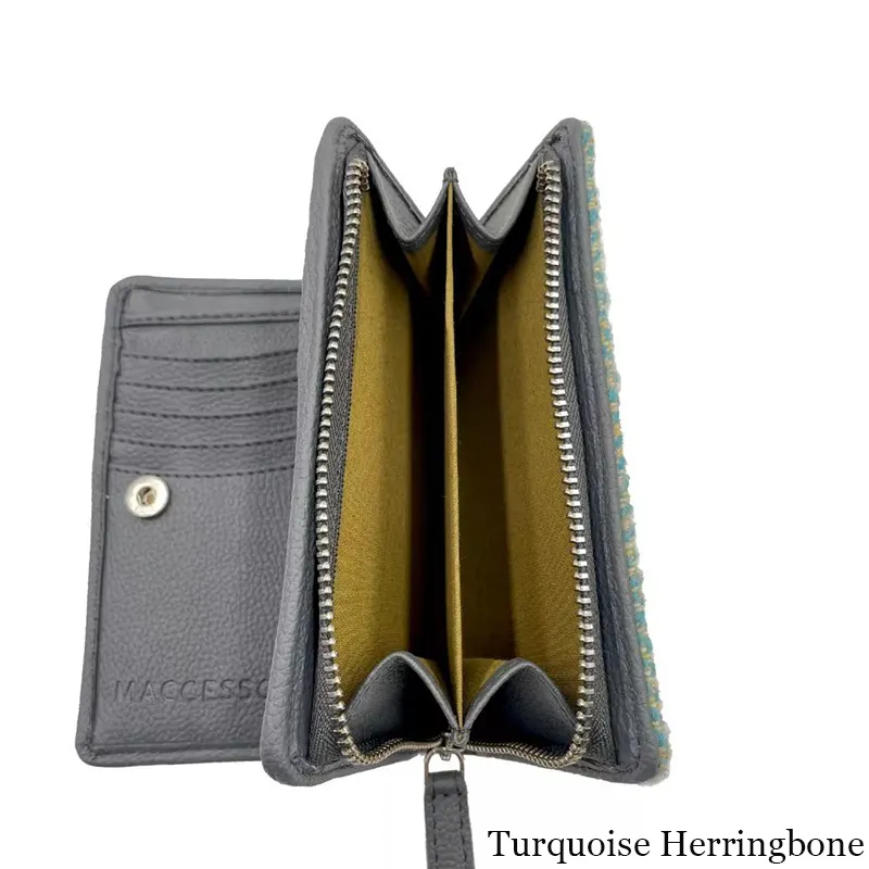 B40296 TURQUOISE HERRINGBONE Colour Harris Tweed Medium Zip Wallet for Women Side Pocket View Gaelsong