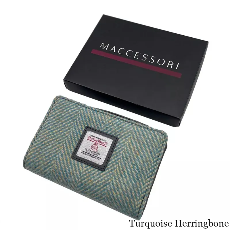 B40296 TURQUOISE HERRINGBONE Colour Harris Tweed Medium Zip Wallet for Women with Box Gaelsong