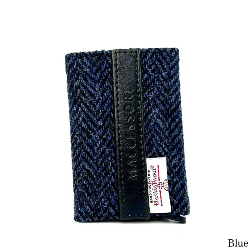 B40298 BLUE Colour Authentic Harris Tweed Pop Up Credit Card Holder Back Side View Gaelsong