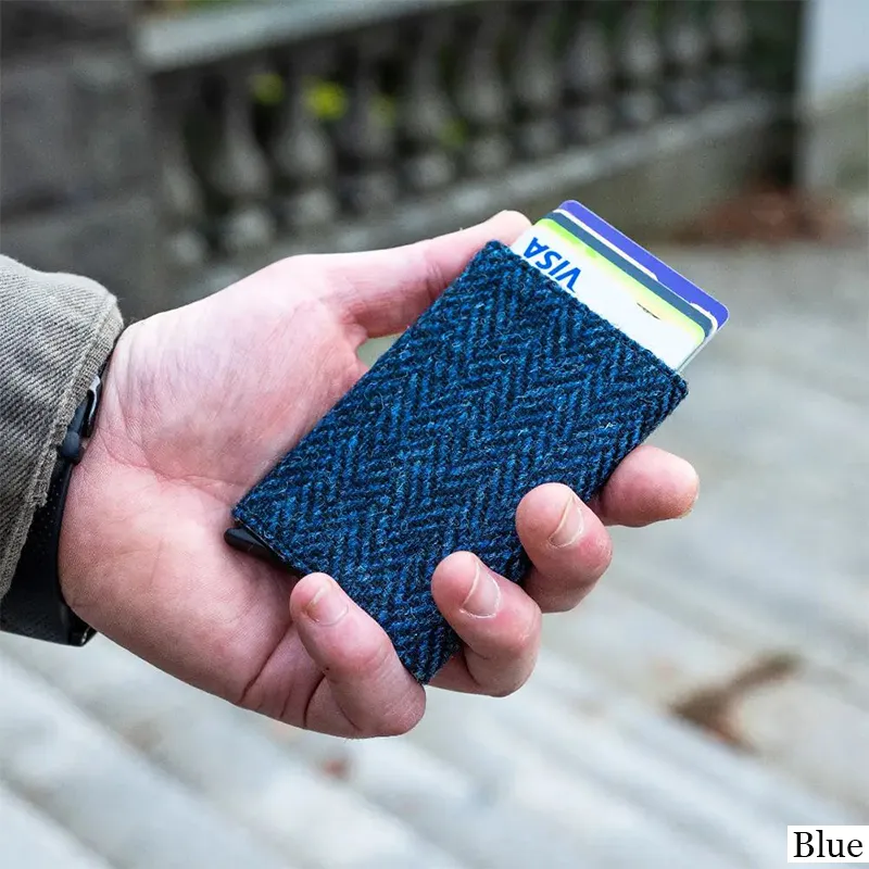 B40298 BLUE Colour Authentic Harris Tweed Pop Up Credit Card Holder Lifestyle Gaelsong