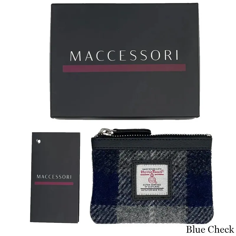 B40298 BLUE CHECK Colour Handcrafted Harris Tweed Coin Purse with Box Gaelsong