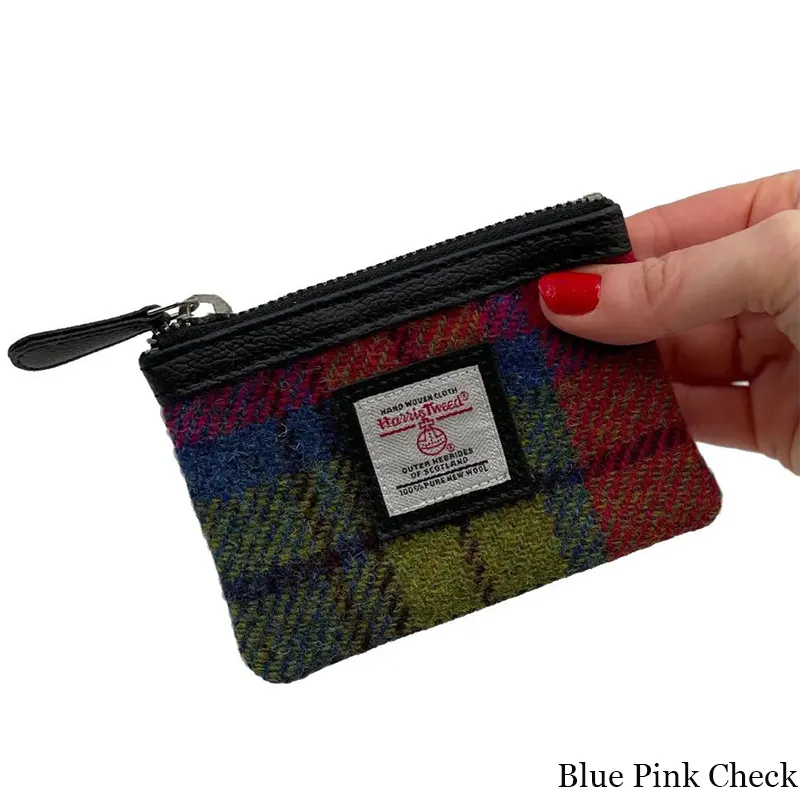B40298 BLUE PINK CHECK Colour Handcrafted Harris Tweed Coin Purse Lifestyle Gaelsong