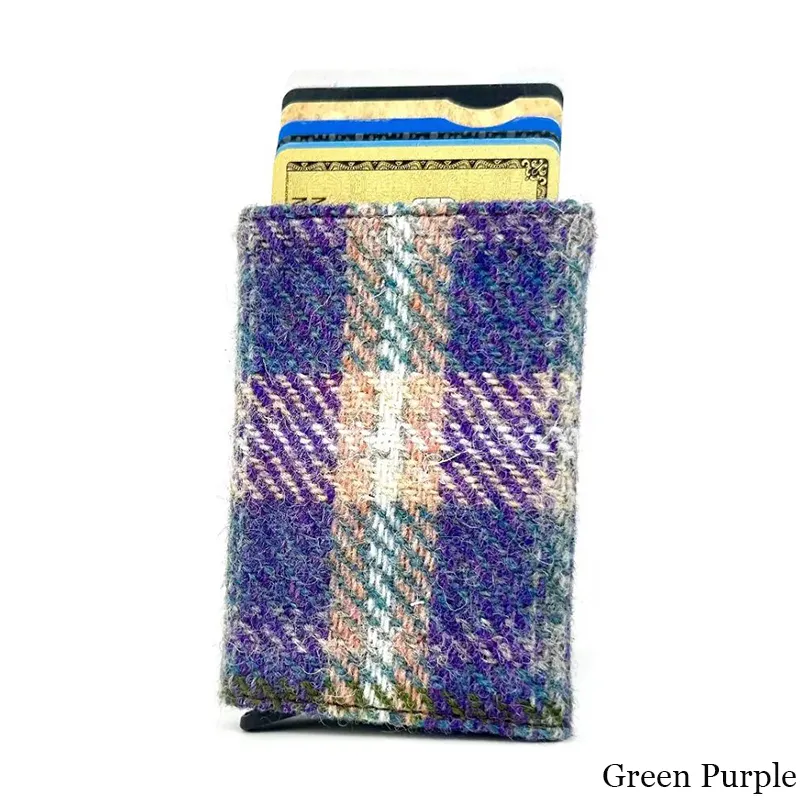 B40298 GREEN PURPLE PLAID Colour Authentic Harris Tweed Pop Up Credit Card Holder Gaelsong