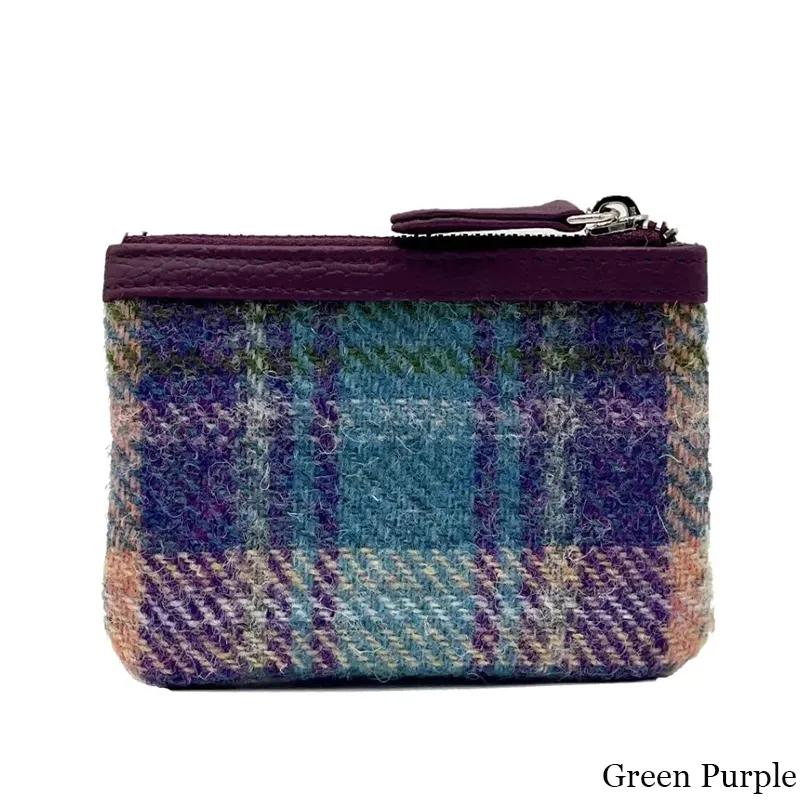 B40298 GREEN PURPLE PLAID Colour Handcrafted Harris Tweed Coin Purse Back Side View Gaelsong
