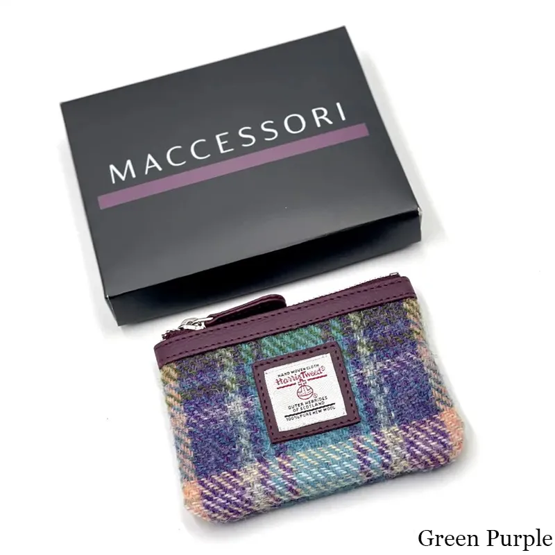 B40298 GREEN PURPLE PLAID Colour Handcrafted Harris Tweed Coin Purse with Box Gaelsong