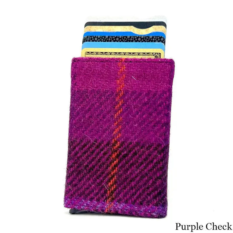B40298 PURPLE CHECK Colour Authentic Harris Tweed Pop Up Credit Card Holder Gaelsong