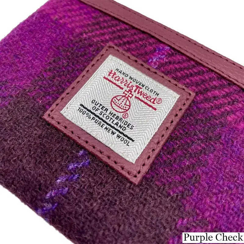 B40298 PURPLE CHECK Colour Handcrafted Harris Tweed Coin Purse Closeup View Gaelsong