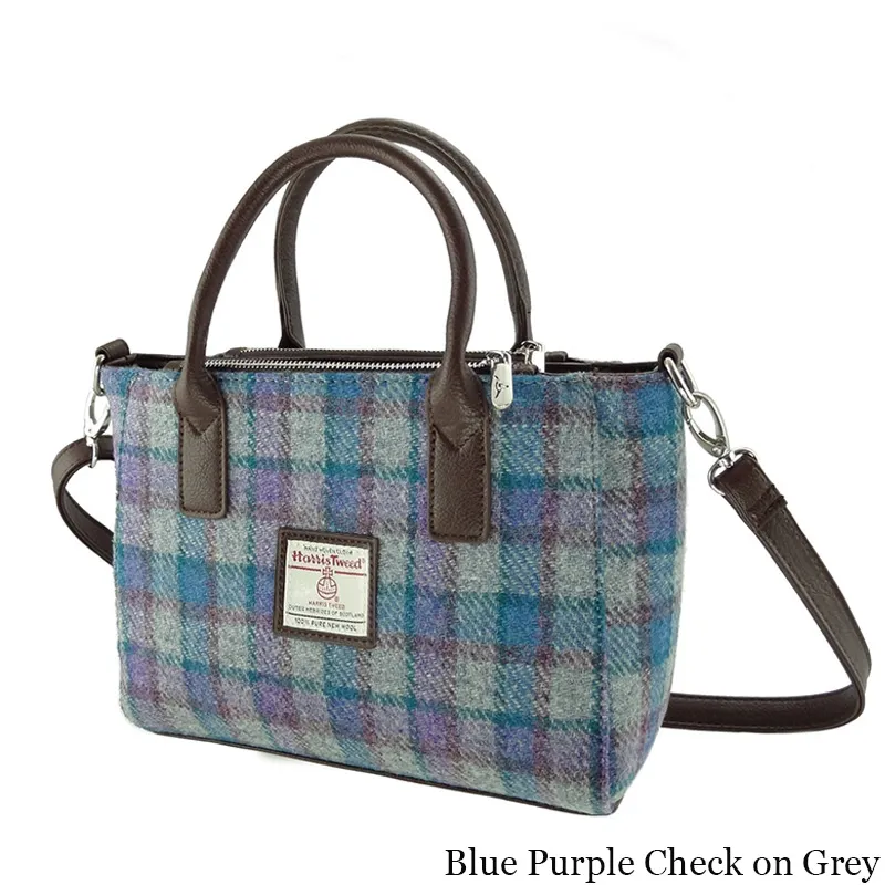 B40300 BLUE PURPLE CHECK ON GREY Colour Genuine Handwoven Harris Tweed Brora Bag Gaelsong