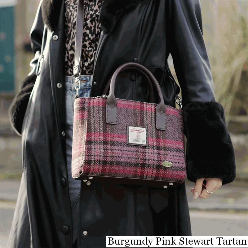 B40300 BURGUNDY PINK STEWART TARTAN Colour Genuine Handwoven Harris Tweed Brora Bag Lifestyle Gaelsong