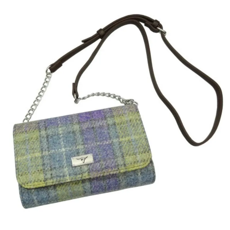 B40303 Harris Tweed Strathy Wallet Shoulder Bag Lime Green Tartan Gaelsong