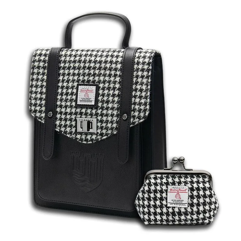 B40306 Genuine Harris Tweed Backpack with Matching Wallet Set Black and White Dogtooth Gaelsong
