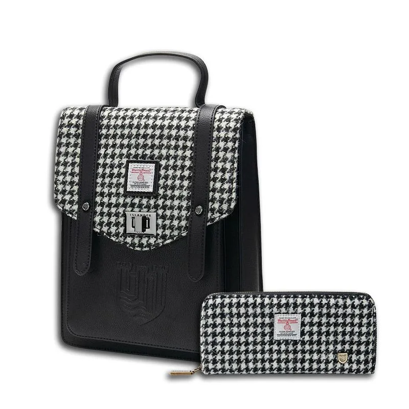 B40306 Genuine Harris Tweed Backpack with Matching Wallet Set Black and White Dogtooth Gaelsong