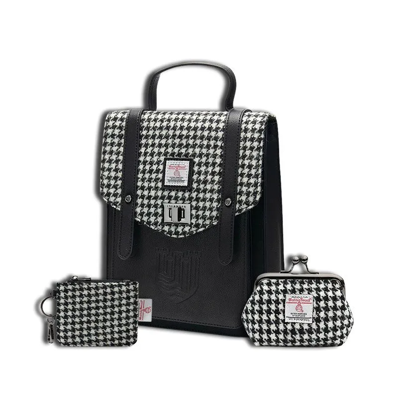 B40306 Genuine Harris Tweed Backpack with Matching Wallet Set Black and White Dogtooth Gaelsong