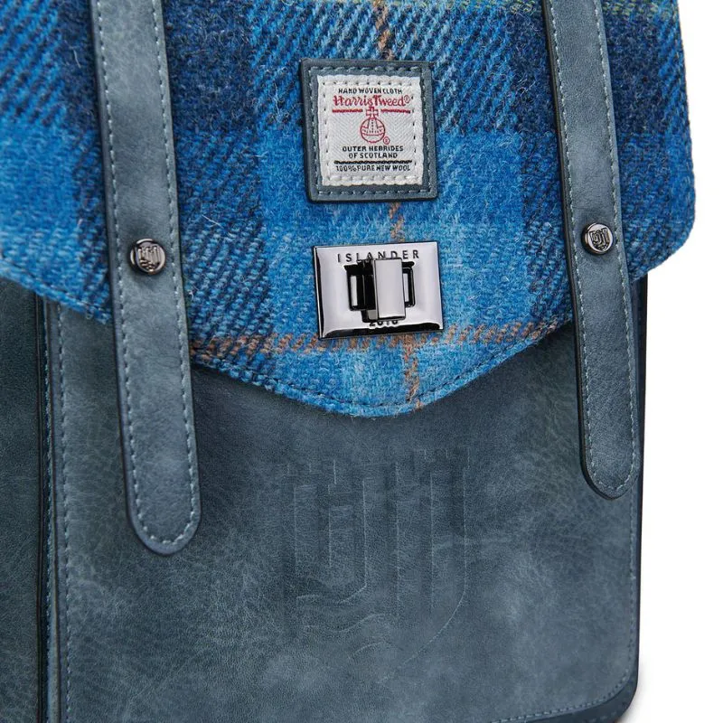 B40306 Genuine Harris Tweed Backpack with Matching Wallet Set Blue Tartan Gaelsong