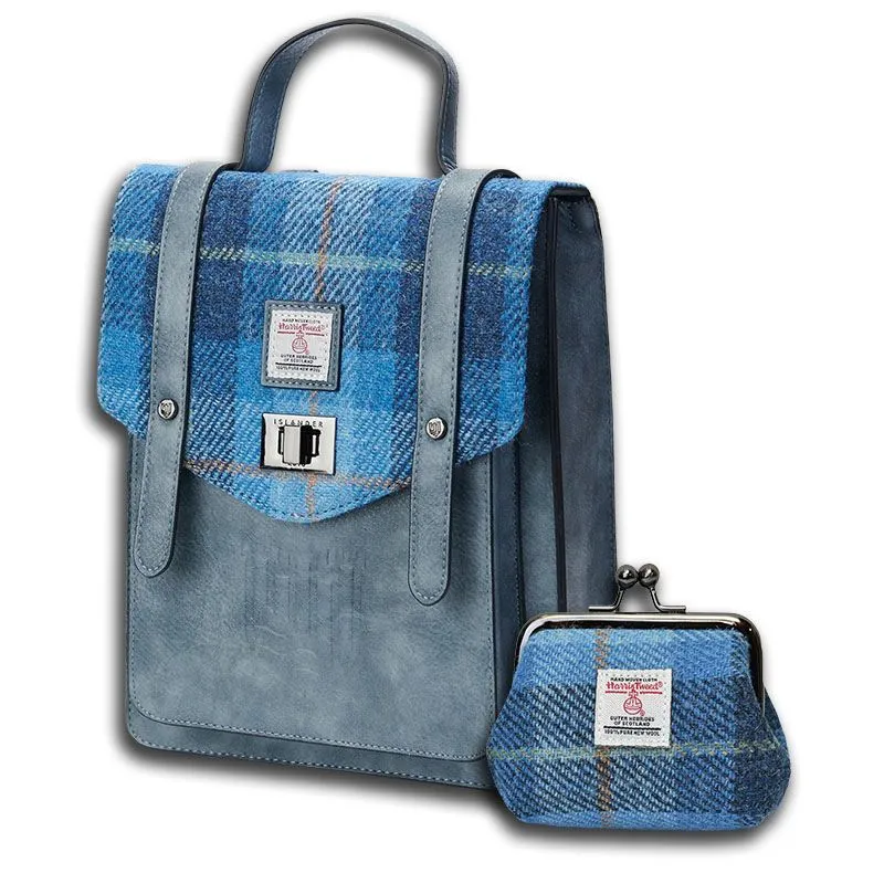 B40306 Genuine Harris Tweed Backpack with Matching Wallet Set Blue Tartan Gaelsong