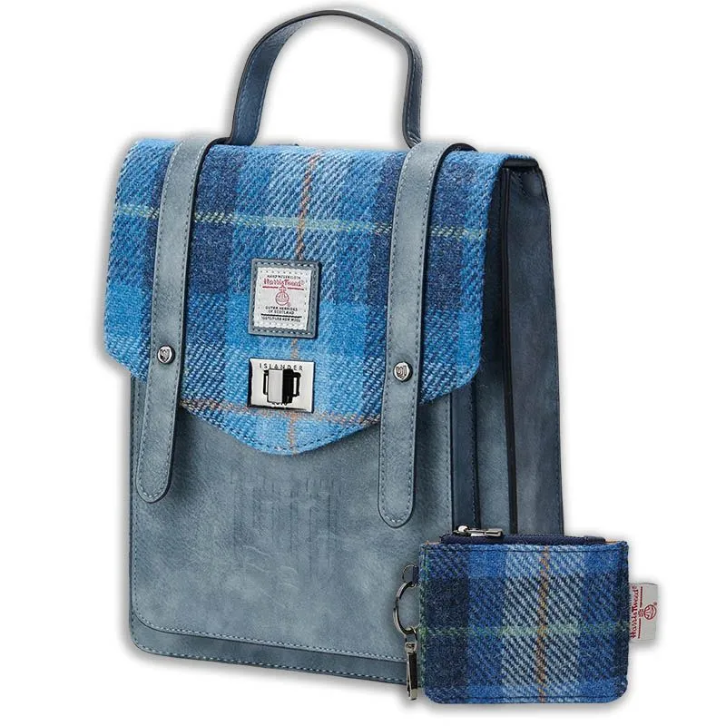 B40306 Genuine Harris Tweed Backpack with Matching Wallet Set Blue Tartan Gaelsong