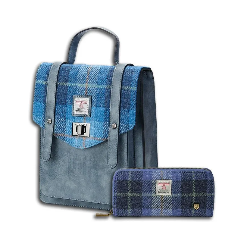 B40306 Genuine Harris Tweed Backpack with Matching Wallet Set Blue Tartan Gaelsong