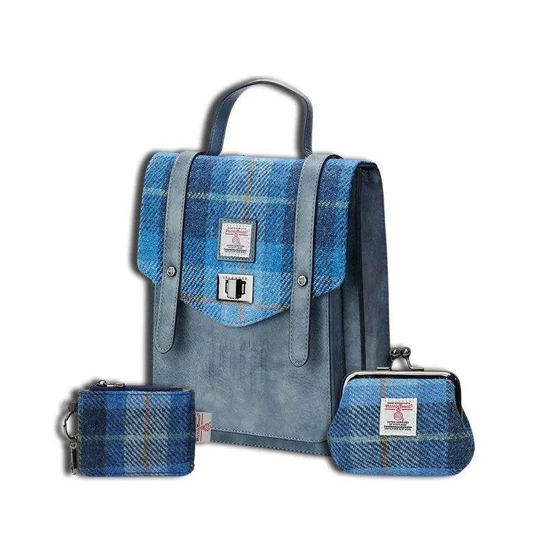 B40306 Genuine Harris Tweed Backpack with Matching Wallet Set Blue Tartan Gaelsong