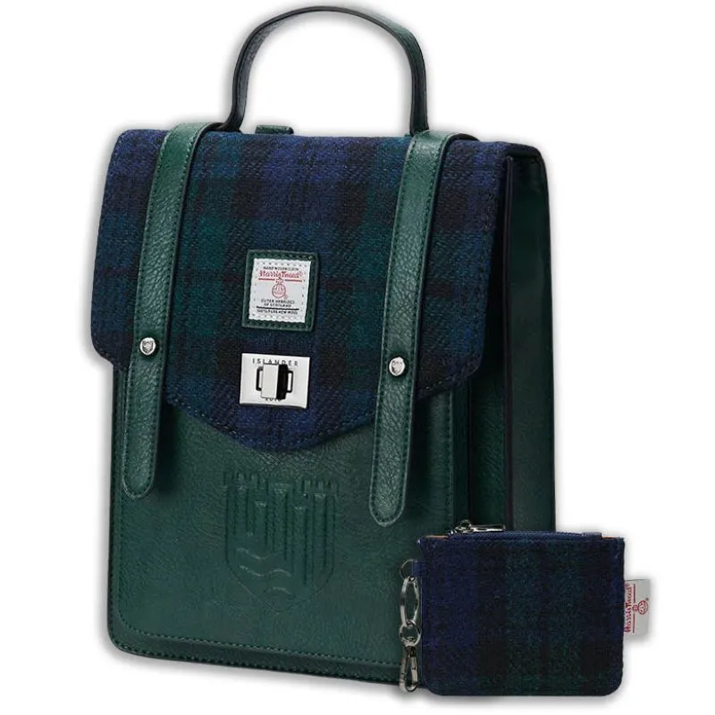 B40306 Genuine Harris Tweed Backpack with Matching Wallet Set Blackwatch Tartan Gaelsong