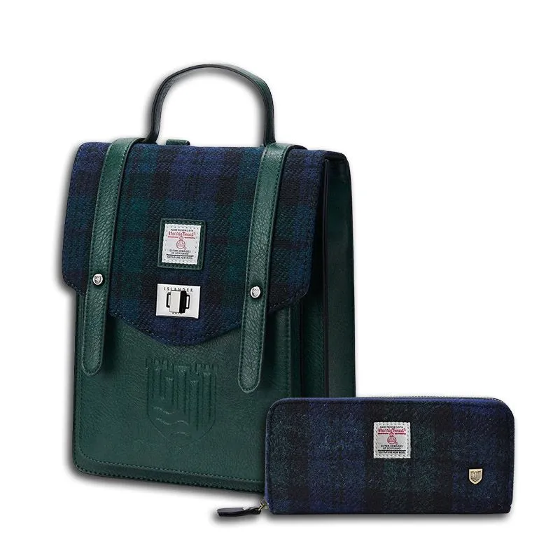 B40306 Genuine Harris Tweed Backpack with Matching Wallet Set Blackwatch Tartan Gaelsong