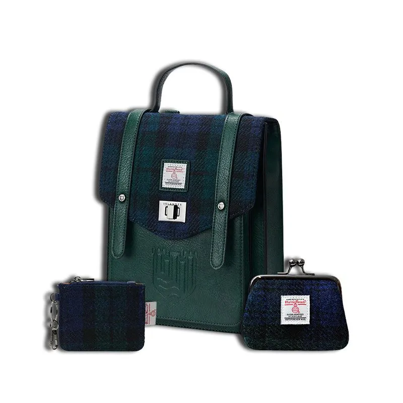 B40306 Genuine Harris Tweed Backpack with Matching Wallet Set Blackwatch Tartan Gaelsong
