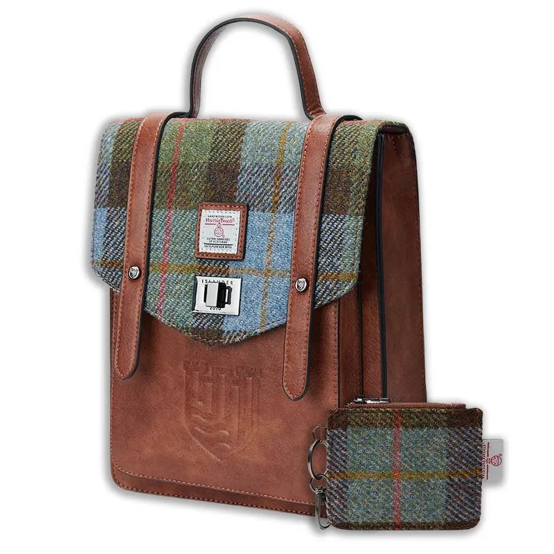  B40306 Genuine Harris Tweed Backpack with Matching Wallet Set Chesnut Blue Tartan Gaelsong