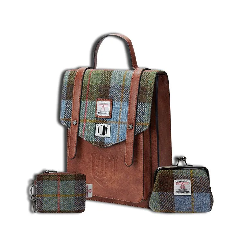  B40306 Genuine Harris Tweed Backpack with Matching Wallet Set Chesnut Blue Tartan Gaelsong