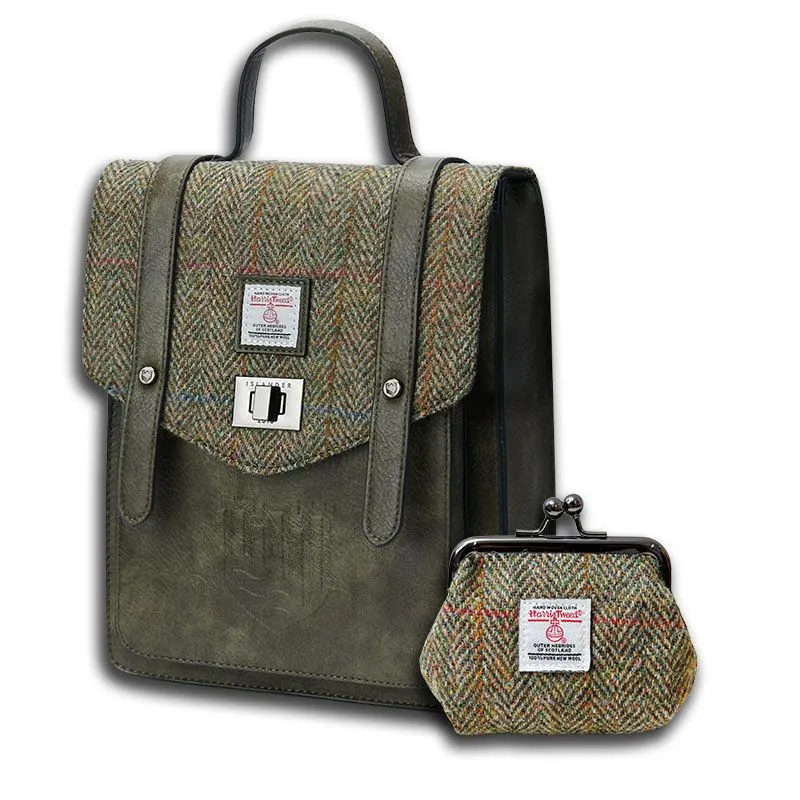 B40306 Genuine Harris Tweed Backpack with Matching Wallet Set Chestnut Herringbone Gaelsong