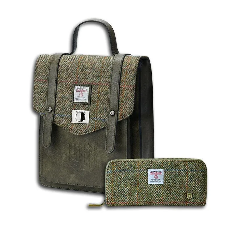 B40306 Genuine Harris Tweed Backpack with Matching Wallet Set Chestnut Herringbone Gaelsong