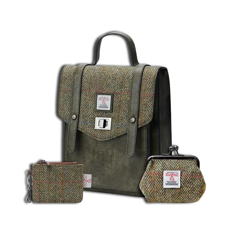 B40306 Genuine Harris Tweed Backpack with Matching Wallet Set Chestnut Herringbone Gaelsong