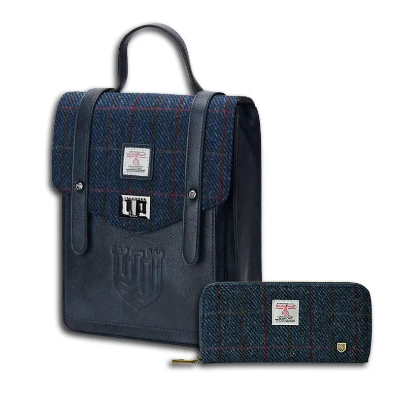B40306 Genuine Harris Tweed Backpack with Matching Wallet Set Navy Overcheck Gaelsong