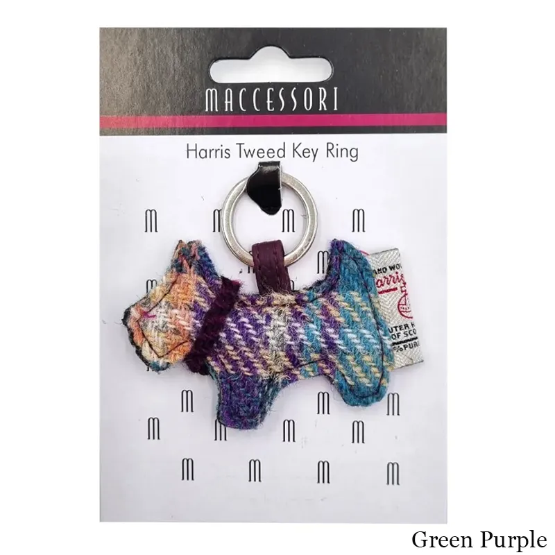 B90202 Green Purple Plaid Colour Dog Shaped Harris Tweed Keyring Gaelsong