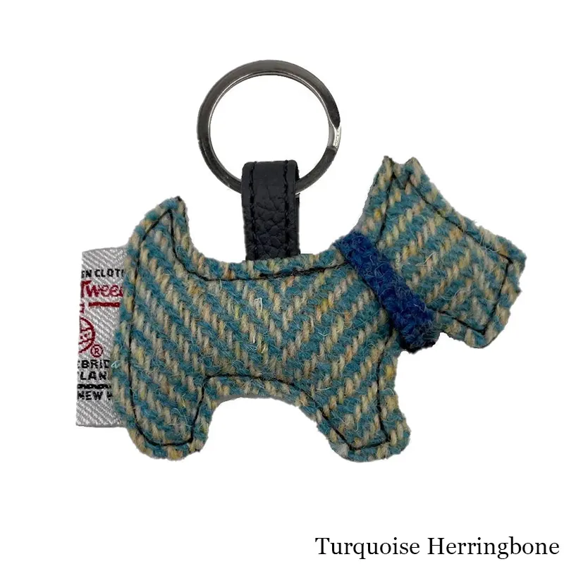 B90202 Turquoise Herringbone Colour Dog Shaped Harris Tweed Keyring Gaelsong