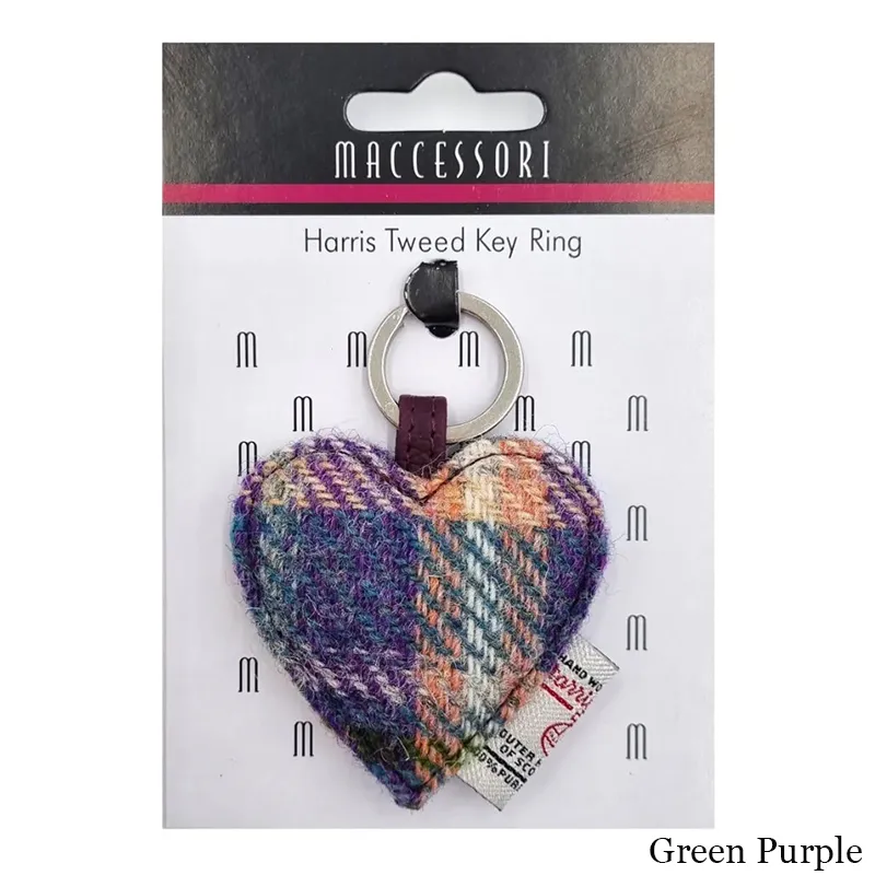 B90203 Green Purple Plaid Colour Heart Designed Harris Tweed Keyring Gaelsong