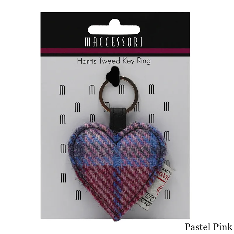 B90203 Pastel Pink Colour Heart Designed Harris Tweed Keyring Gaelsong