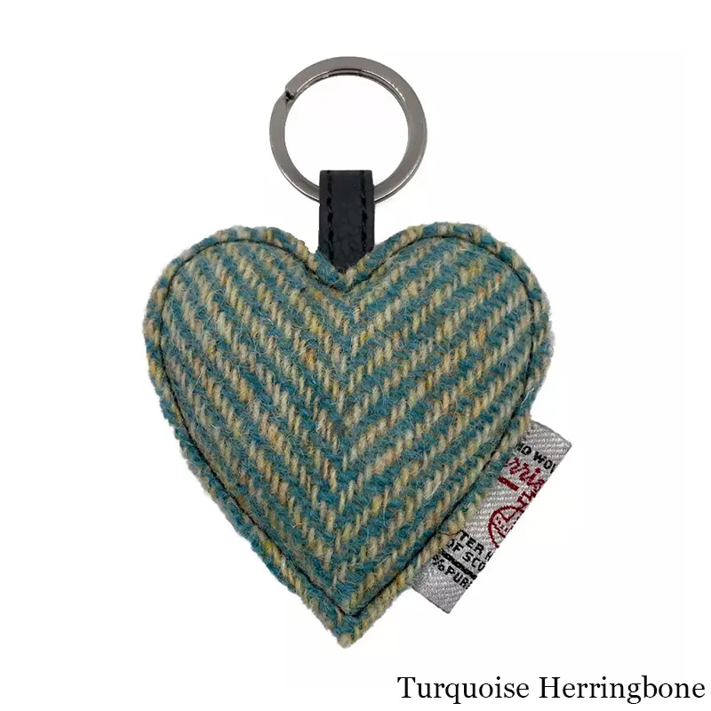B90203 Turquoise Herringbone Colour Heart Designed Harris Tweed Keyring Gaelsong