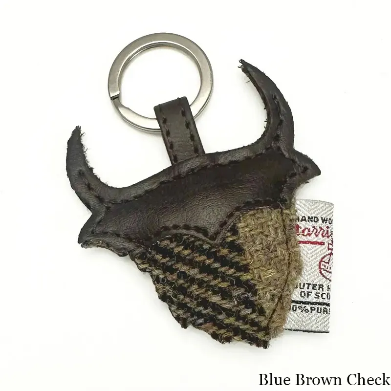 B90204 BLUE BROWN CHECK Colour Handcrafted Harris Tweed Highland Cow Keyring Gaelsong
