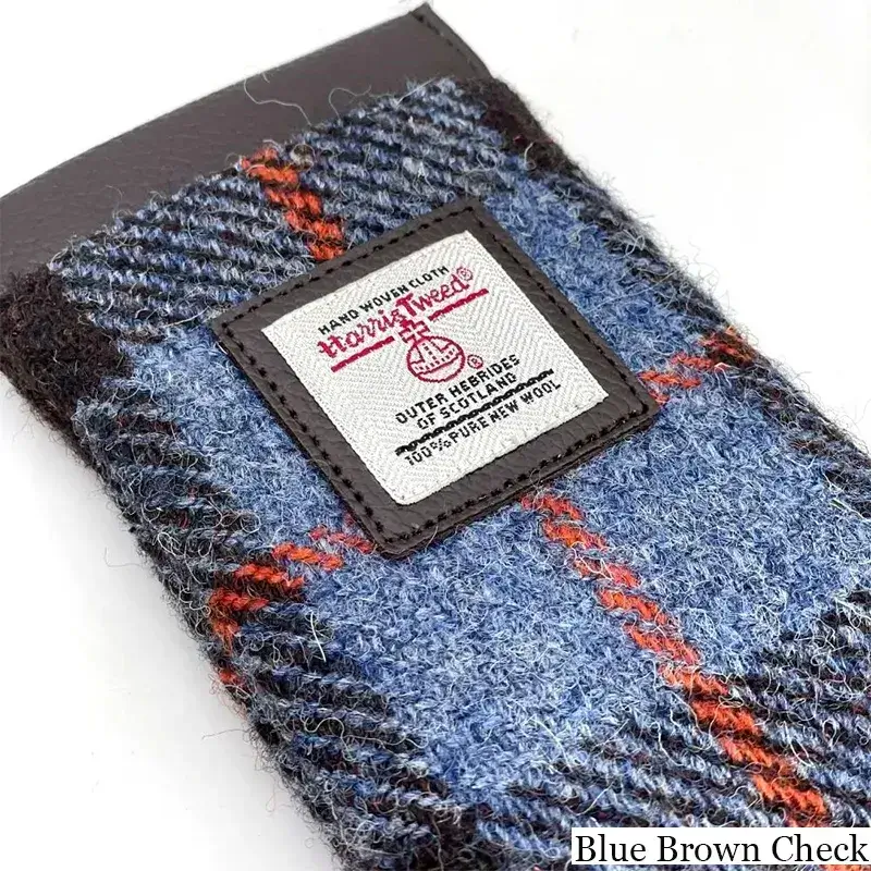 B90205 BLUE BROWN CHECK Colour Handmade Harris Tweed Soft Glasses Case Closeup View Gaelsong