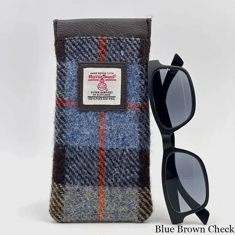 B90205 BLUE BROWN CHECK Colour Handmade Harris Tweed Soft Glasses Case Studio Gaelsong